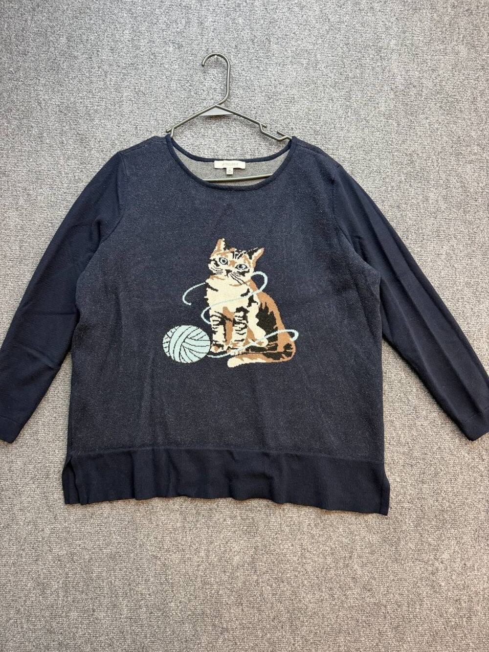 Astrologie Women's XL Navy Blue Cat Yarn Intarsia Knit Pullover Sweater